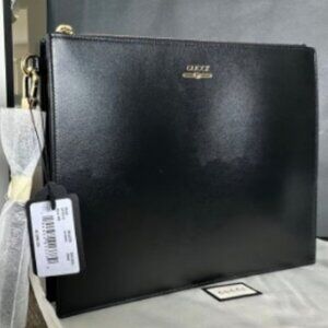 CLASSIC GUCCI SMOOTH BLACK CALF LEATHER POUCH BAG WRISTLET GOLD
